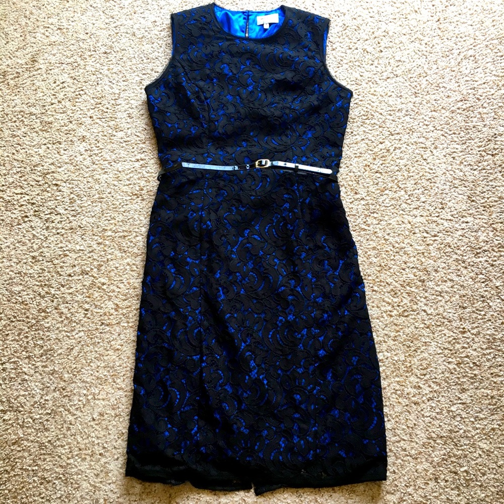 Milly Black Blue Floral Lace Belted Sheath Dress